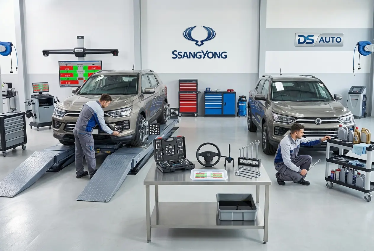 Процесс регулировки развал-схождения колес автомобиля SsangYong в автосервисе DS Auto в Жуковском
